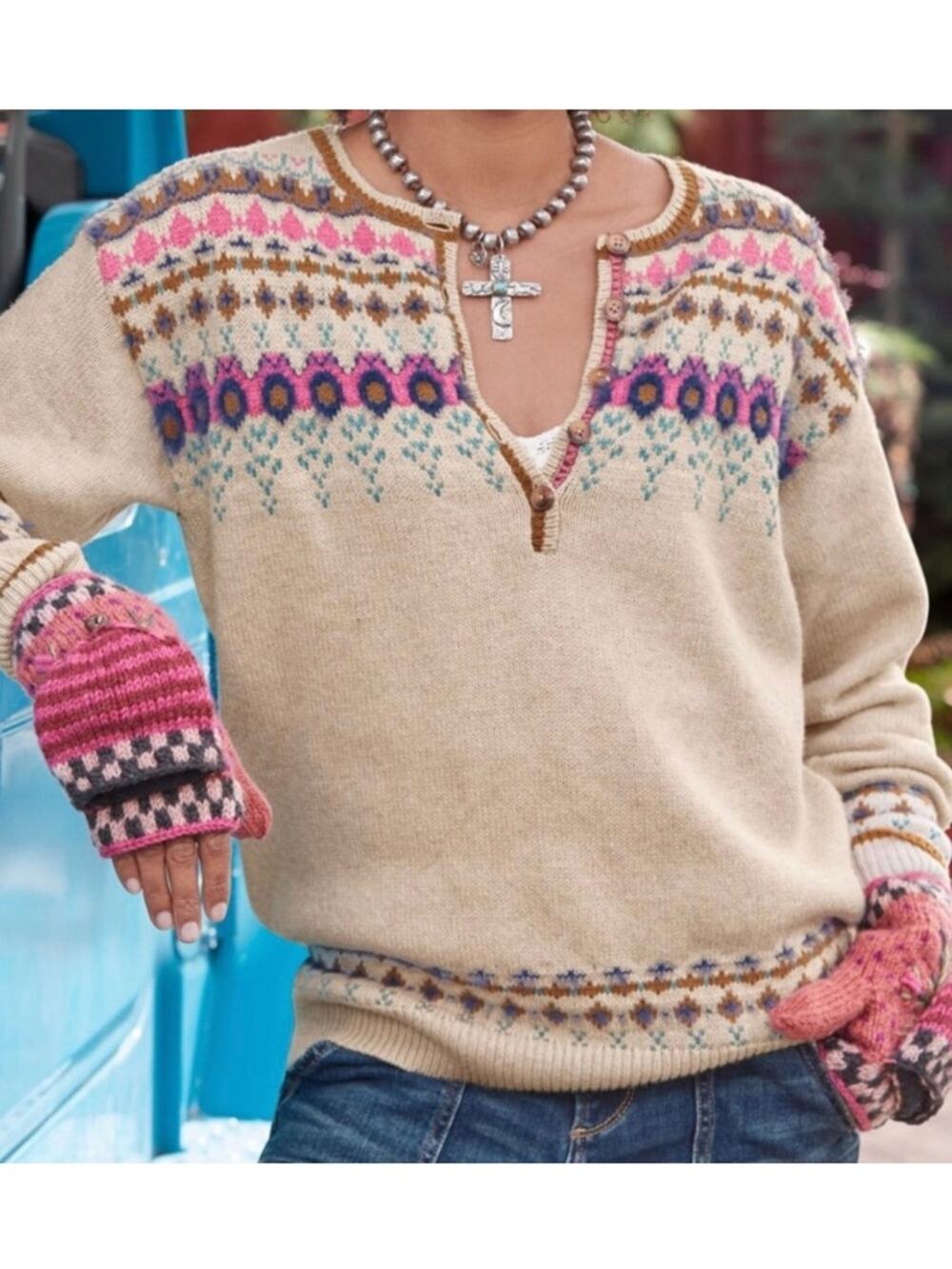 Sundance Innes Women’s Cream Fair Isle Pullover Sweater size Petite Small PS